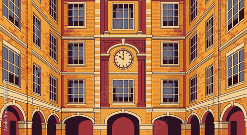 An intricate vector illustration showcasing the majestic inner courtyard of a classical European building with numerous windows and arched pathways.