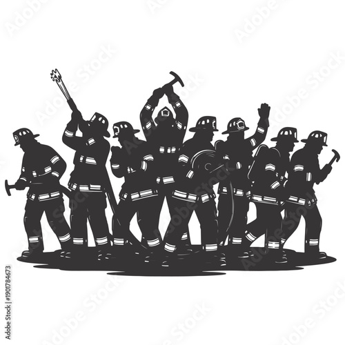 Firefighter team silhouette vector illustration with axes, hose, and tools, isolated on white