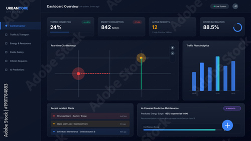 Futuristic dark theme UI displaying real-time urban analytics, traffic monitoring, energy consumption, and AI predictive modeling for intelligent city infrastructure and operational management.