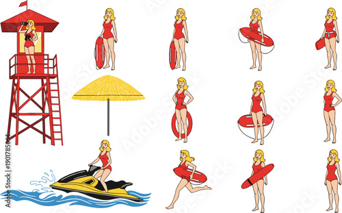 Lifeguard Woman Character Vector Set Showing Beach Safety, Rescue Poses, Surfboard, Lifebuoy, Watchtower, and Summer Sea Activities Illustration