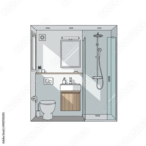 Isometric illustration of a modern bathroom interior with a shower, sink, toilet, and mirror in a clean, minimalist style.