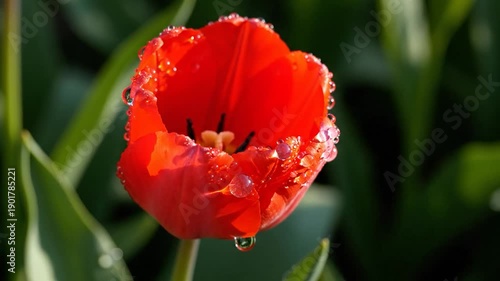 Wallpaper Mural A vivid red tulip, glistening with water droplets, emerges from green foliage Torontodigital.ca