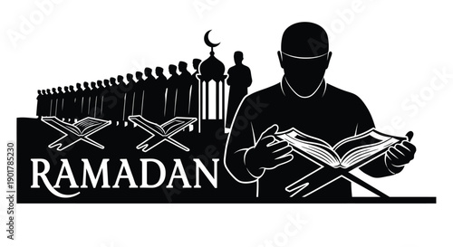 Tablou pe pânză Ramadan Prayer and Quran Silhouette Pattern