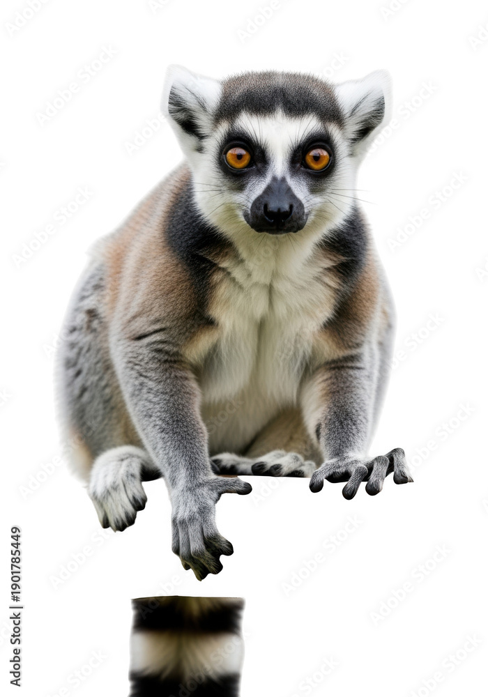 Fototapeta premium A ring-tailed lemur jumping from a branch with orange eyes isolated on transparent background