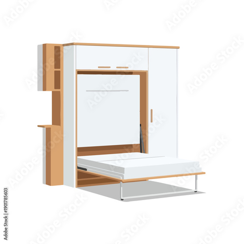 A white and light-brown wall bed with cabinet storage and shelves in a closed position against a plain white background.