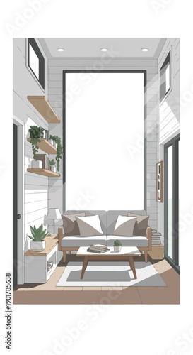 Interior illustration of a modern living room with a couch, coffee table, and shelves in a minimalist home with a bright and airy atmosphere.