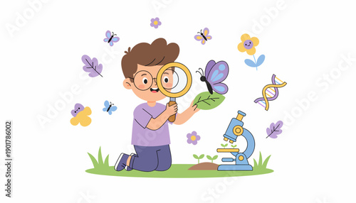 Boy Examining Butterfly with Magnifying Glass.