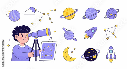 Astronomer Gazing at Celestial Bodies Through Telescope.