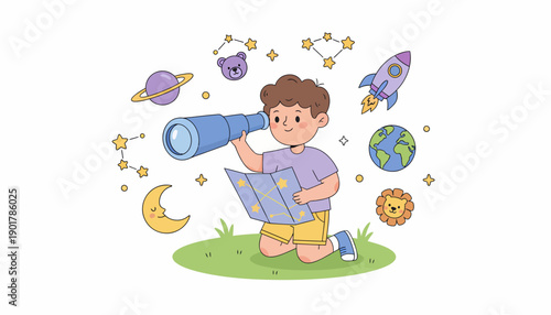 Boy Exploring Space with Telescope and Book.