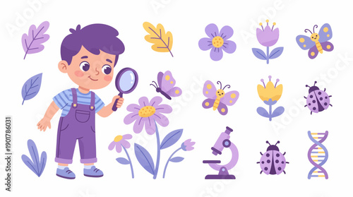 Cartoon Boy Examining Flowers and Insects.