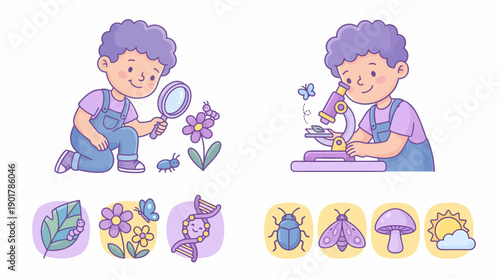 Cartoon Boy Examining Flowers and Insects.
