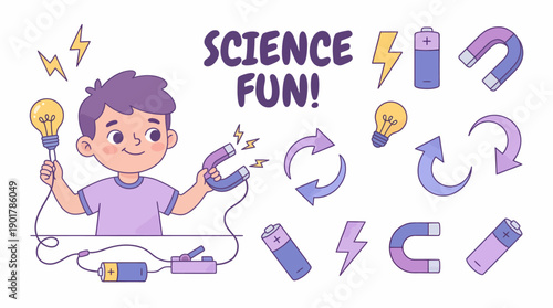 Cartoon Boy Experimenting with Electricity and Magnets.