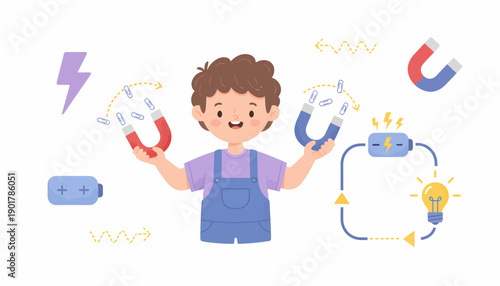 Cartoon boy holding horseshoe magnets happily.