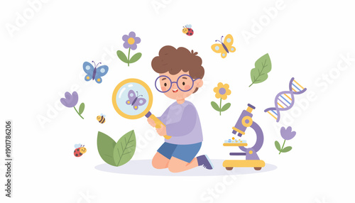 Young Boy Examining Insect with Magnifying Glass.