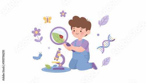 Young Boy Examining Insect with Magnifying Glass.