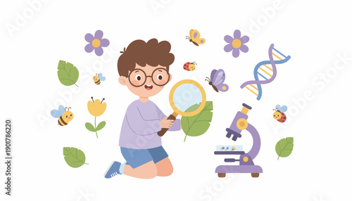 Young Boy Examining Objects with Magnifying Glass.