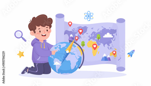 Young Boy Exploring Globe with Magnifying Glass.