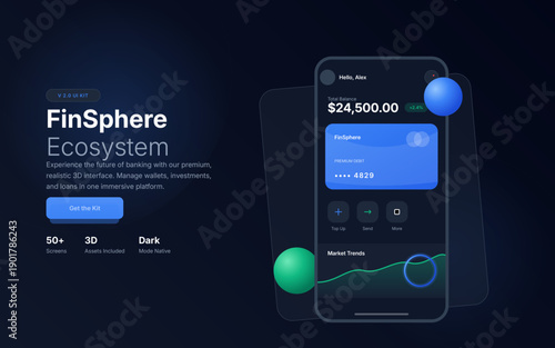 Comprehensive mobile banking UI kit featuring dark mode design, 3D elements, financial dashboards, investment tracking, and seamless user experience for modern fintech applications.