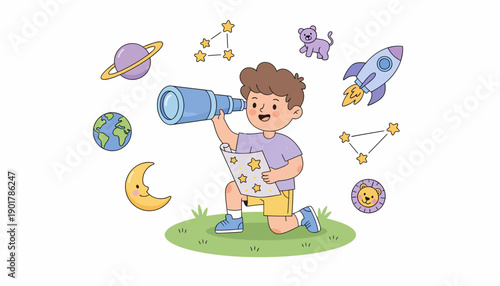 Young Boy Exploring Space Through Telescope.