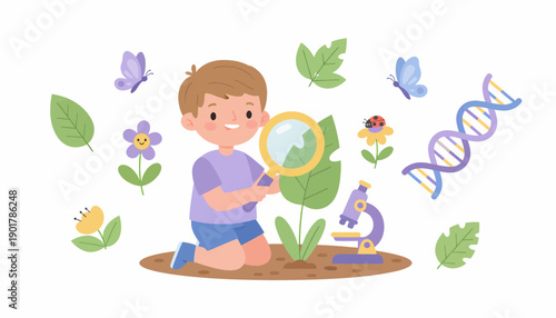 Young Boy Examining Plant with Magnifying Glass.