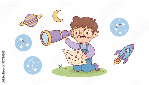 Young Boy Exploring Space with Telescope.