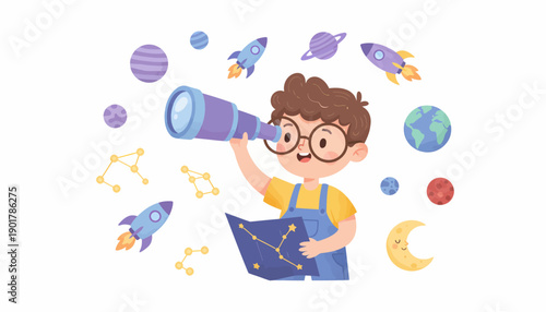 Young Boy Exploring Space with Telescope.