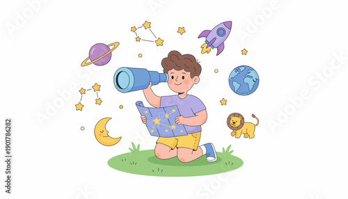 Young Boy Exploring Space with Telescope.