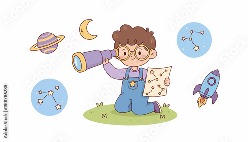Young Boy Exploring Stars with Telescope.