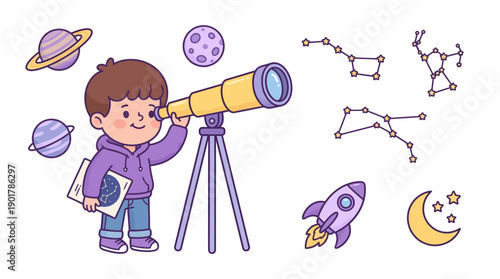 Young Boy Exploring Universe Through Telescope.