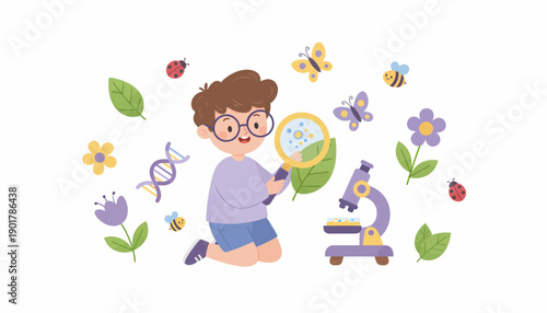 Young Scientist Examining Insects and Flowers.