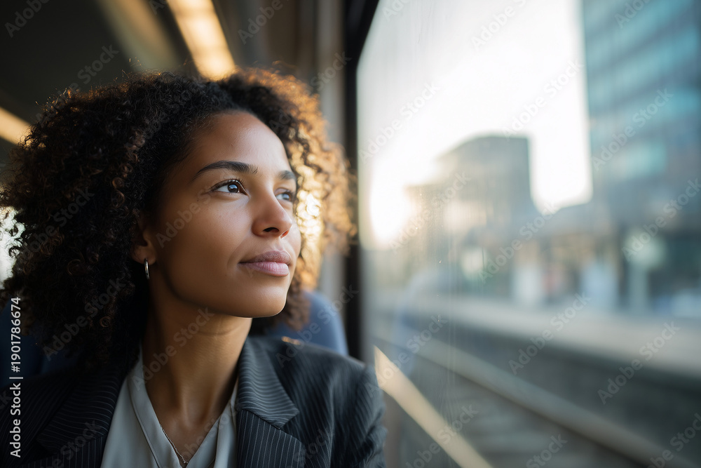 Obraz premium Urban professional commuting by train, thoughtful gaze through window, soft morning light, modern city routine, mobility and work life balance concept calm reflection daily journey