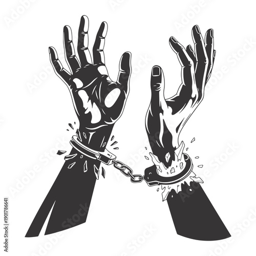 Vector illustration of two hands breaking free from metal handcuffs, concept of freedom and liberation, isolated on white