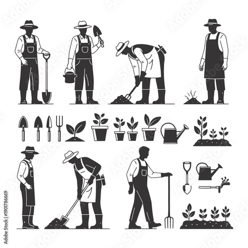 Vector black and white farmers and gardeners with tools, plants, and seedlings, isolated on white