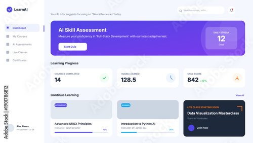 Modern web application interface for e-learning featuring course management student progress tracking skill assessments and a clean user centric educational software design