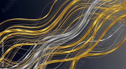 Abstract golden and silver flowing lines on dark background.