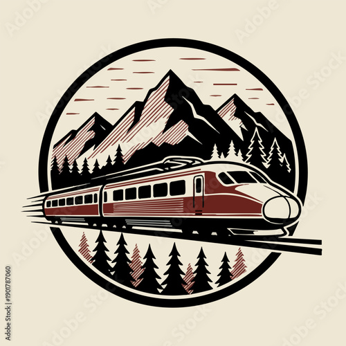 Modern Train Travel Through Mountains Vintage Style Badge Design