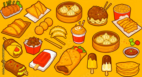 A vibrant and diverse collection of delicious fast food items, snacks, and treats arranged artfully on a warm yellow background