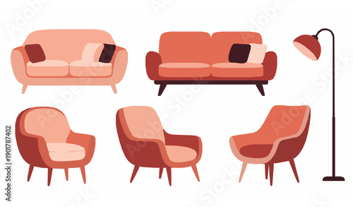 Cozy modern furniture vector set with sofa couch armchair and lamp for home interior decor