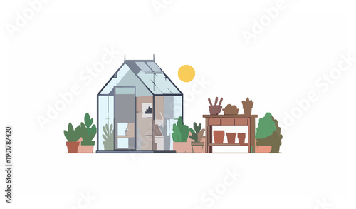 Home garden greenhouse and potting bench vector illustration with plants isolated on white background