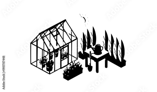 Isometric home garden illustration with greenhouse tools and potted plants isolated on white background
