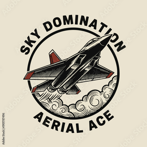 Vintage sketch style fighter jet aerial ace emblem design