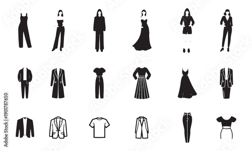 Fashion icons featuring silhouettes of women in various stylish outfits including dresses suits jumpsuits and separates representing modern clothing styles for different occasions and trends