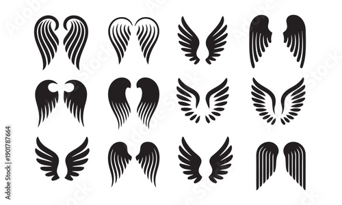 Elegant collection of stylized angel wing illustrations in various designs, from feathered to abstract shapes, symbolizing freedom, peace, and spirituality.