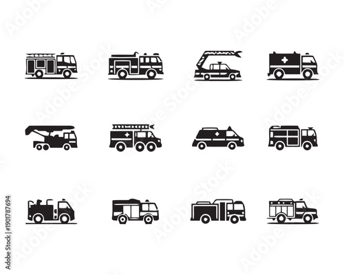 Emergency vehicle icons featuring fire trucks, ambulances, and rescue vehicles for safety and service graphic design and illustration purposes