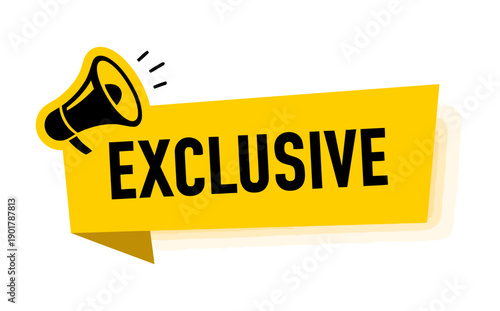 Exclusive offer announcement with megaphone, yellow banner graphic element, promotion concept, limited time deal marketing and advertising graphic