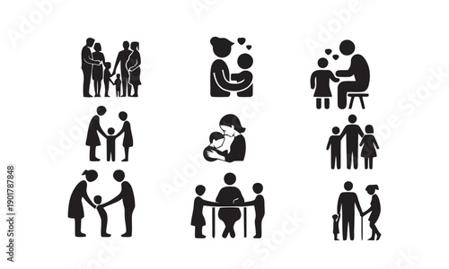 Family icons illustrating parent-child relationships and bonding. Graphics depicting love, care, and unity within families for various themes.