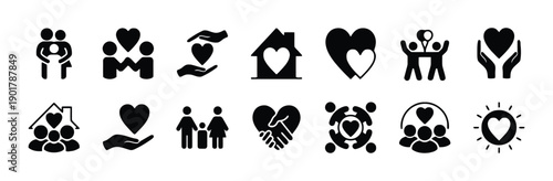 Family and community icons symbolizing love, unity, and support, home and togetherness, strong relationships, caring and helping hands, togetherness, and social connection and belonging concepts