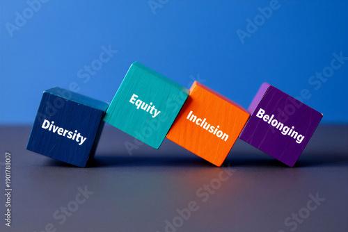 Diversity equity inclusion belonging concept with colorful 3D cubes on modern gradient background for workplace culture and social awareness