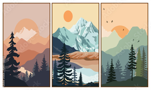 Boho mountain landscape triptych with pine forest and sun in earthy tones