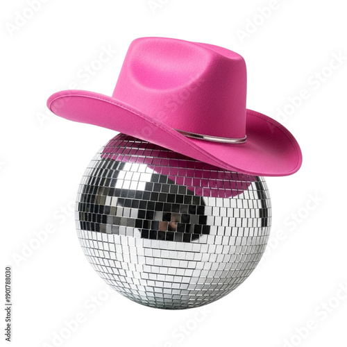 Pink cowboy hat balanced on shiny disco ball isolated on transparent background